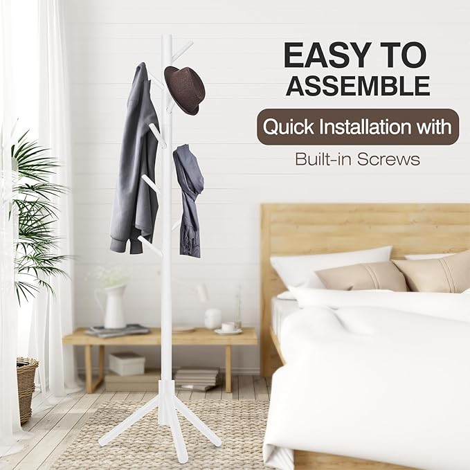 Coat Rack, Freestanding Coat Rack with 8 Hooks and 3 Adjustable Size Tree Coat Racks for Bedroom, Hallway, Entrance, Office, for Hats, Coats, Scarves, Handbags