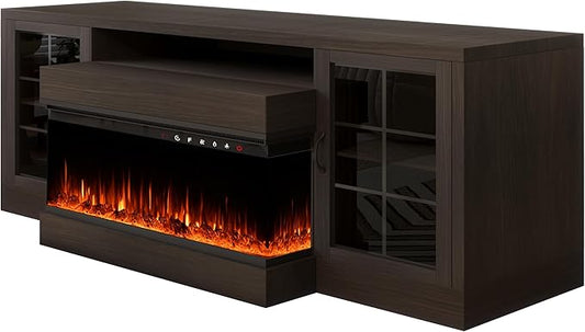 CharaVector 3-Sided Farmhouse TV Stand for TVs up to 75'', Modern TV Console with Glass Door Storage Cabinet, 60'' Large TV Stands for 30''Fireplace, Brown (ONLY TV Stand)