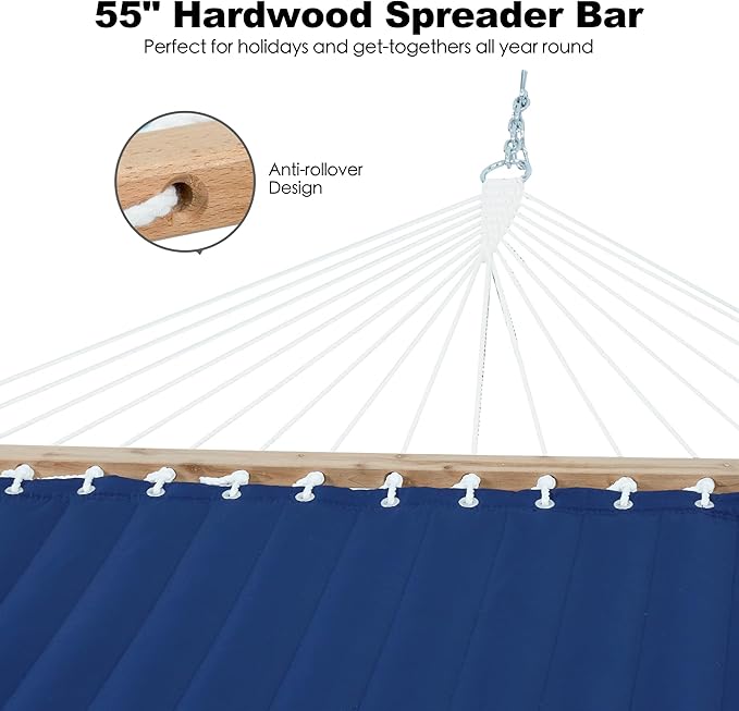 2 Person 12FT Hammocks for Outside, Double Quilted Fabric Outdoor Hammock with Spreader Bar, Large Removable Pillow, Storage Pockets, Carabiners, Max 475 lbs Capacity (Dark Navy)