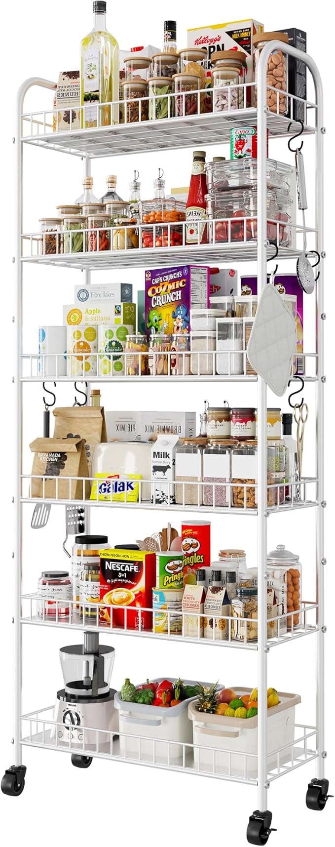 6 Tier Slim Rolling Storage Cart with Wheels, Metal Mobile Shelving Unit Organizer Utility Cart for Office Bathroom Kitchen Laundry Room Narrow Places (White 10 Inches)