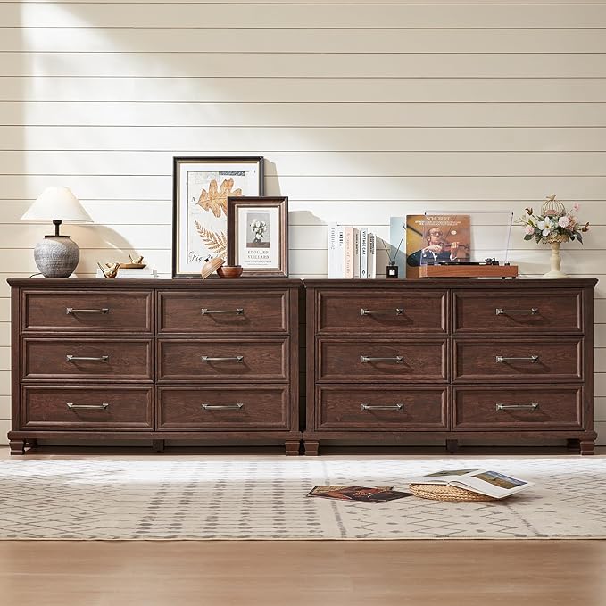 Farmhouse Wood 6 Drawer Dresser Set of 2, 54 inch Wide Large Vintage Chest of Drawers for Bedroom, Rustic Dressers TV Stand with Square Solid Wooden Legs for Living Room, Hallway, Walnut