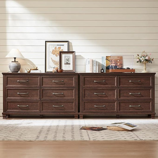 Farmhouse Wood 6 Drawer Dresser Set of 2, 54 inch Wide Large Vintage Chest of Drawers for Bedroom, Rustic Dressers TV Stand with Square Solid Wooden Legs for Living Room, Hallway, Walnut