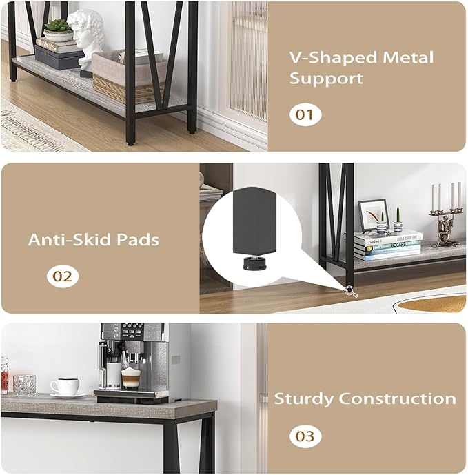 FOLUBAN Industrial Sofa Console Table, Rustic Wood and Metal Entryway Hallway Table for Living Room Entrance, 43.3 Inch Light Grey