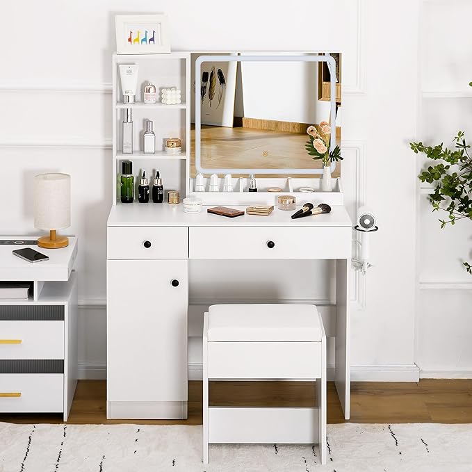 KAMABOKO Modern Vanity Desk with HD Mirror and Adjustable Lights, Makeup Table with Power Outlet, 2 Drawers & Large Cabinet, White Dressing with Stool for Girls Bedroom