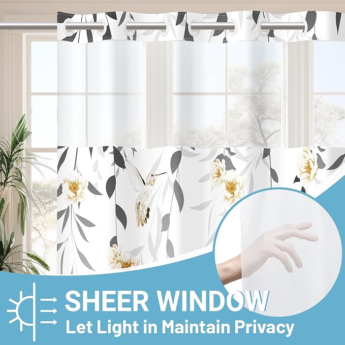 No Hook Shower Curtain with Snap in Liner - Fabric Waterproof Inner Liner, Plants Yellow Floral Grey Nature Birds Cloth Shower Curtains Washable, 71 x 74 Inch