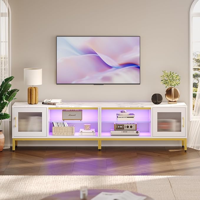 Bestier 80 Inch TV Stand for TVs Up to 85", 4 in 1 Entertainment Center with LED Lights, Modern Media Console Table with 2 Storage Cabinets & Adjustable Shelves for Living Room Bedroom, White Marble
