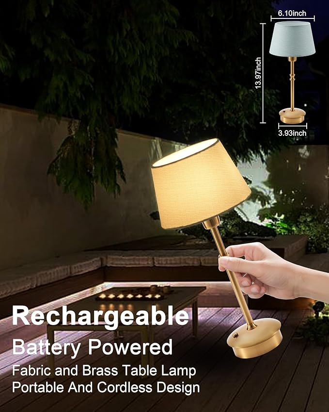 UMEXUS Cordless Lamp Rechargeable Table Lamps, 5000mAh Battery Operated Lights, 3 Level Brightness Dimmable, Portable Night Bedside Light for Patio, Restaurant, Dining, Fabric Shade, Antique Brass