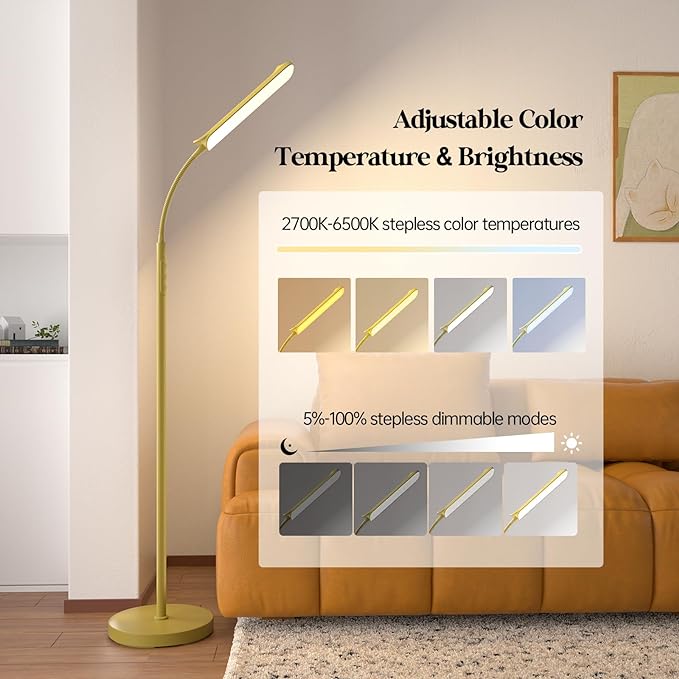 LED Floor Lamp, 18W Super Bright Floor Lamp for Living Room, Adjustable Stepless Colors & Brightness Gooseneck Standing Lamp, Eye Caring Reading Light with Remote& Touch Control for Bedroom Office