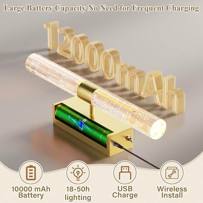 Battery Operated Gold Wall Sconces Set of 2 Rechargeable Battery Powered Wall Light with 12000mAh Not Hardwired Dimmable Wall Lamp Fixtures for Bedroom Living Room 15.3 Inches