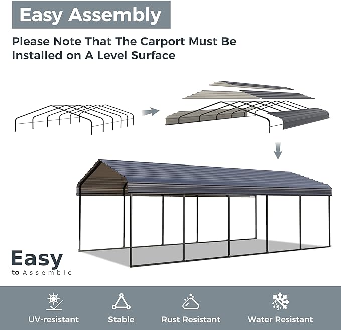 GREEN PARTY 12 x 25 ft Metal Carport Kits with Galvanized Steel Roof, Heavy Duty Metal Carport Canopy, Outdoor Car Tent Metal Garage Shelter for Car, SUV, Truck and Boats, Grey