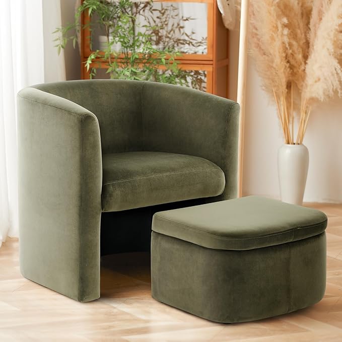 COLAMY Morden Velvet Barrel Accent Chair with Storage Ottoman Set of 2, Upholstered Living Room Side Chair, Single Sofa Armchair with Lounge Seat for Bedroom/Office/Reading Spaces, Green