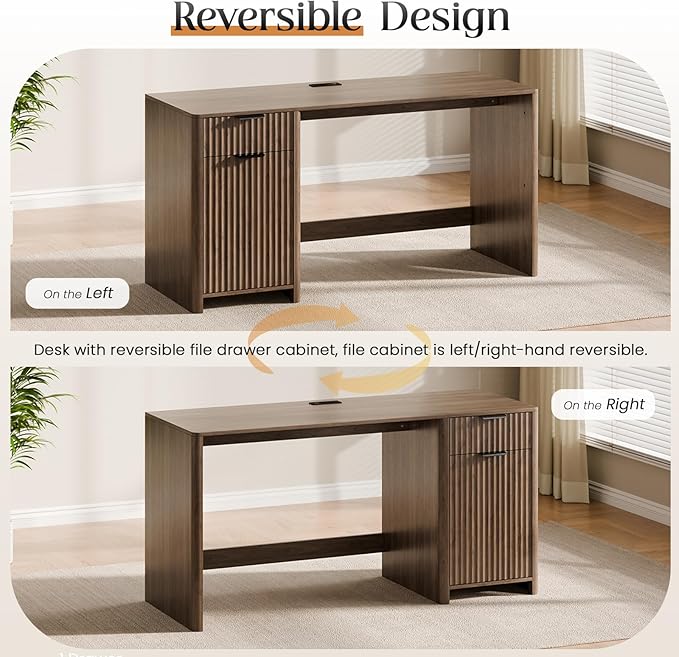 58" Fluted Home Office Desks with Storage, Modern Executive Desk Computer Desk with Drawer & Cabinet, Wood Work Desk for Office, Bedroom, Study, Living Room, Walnut