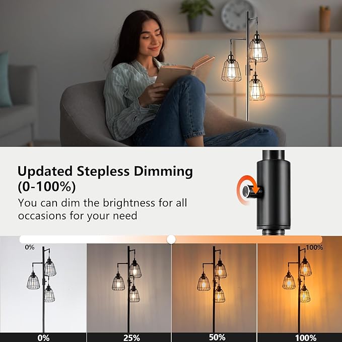 9MMML 68” Living Room Floor Lamp, Industrial Farmhouse 3 Teardrop Cage Standing Lamp,Black Tall Floor Lamp for Bedroom Office, 3 LED Edison Bulbs Included