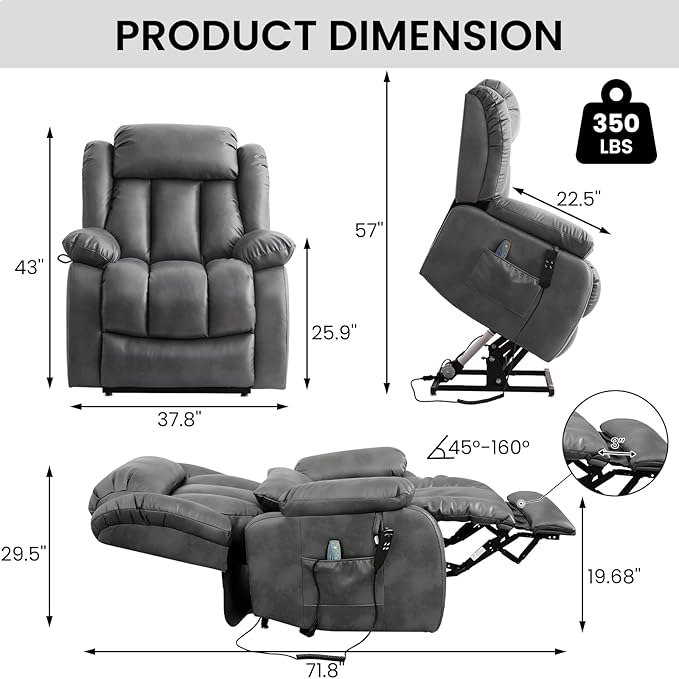 TEKAMON Power Lift Recliner Chair for Elderly with Heat & Massage, Dual Motor Genuine Leather Recliner, Lay Flat Sleeping Chairs with Infinite Position, RemoteControl(Silver Grey, Extended)