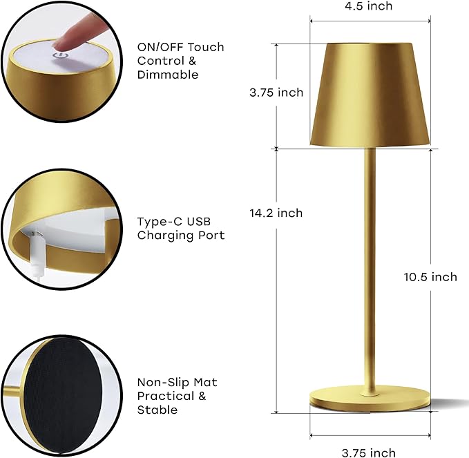2 Pack Cordless Table Lamp,Portable LED Desk Lamp, 5200mAh Battery Operated, 3 Color Stepless Dimming Up, for Restaurant, Bedroom, Bars, Outdoor Party, Camping, Coffee Shop Night Light Gold