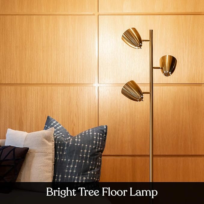 Brightech Jacob LED Standing Lamp, Modern Bright Floor Lamps for Living Rooms & Bedrooms, Tall LED Lighting Lamp with Adjustable 3 Light Tree – Antique Brass/Gold