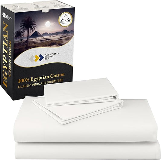 California Design Den Full Size Sheets Set - Certified 100% Egyptian Cotton Percale Sheets Full Size with Deep Pockets, Cool, Crisp & Durable Luxury Bedding Set - Ivory