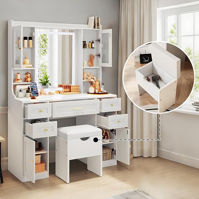 Saiveina 41.4" Makeup Vanity Desk with Mirror and Lights, Dressing Table with 4 Cabinets, 5 Drawers, Power Outlets and Cushioned Storage Stool, 3 Lighting Modes Vanity Table for Bedroom(White)
