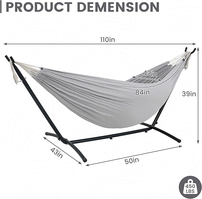 Lazy Daze Hammocks Double Hammock with 9ft Space-Saving Steel Stand Includes Portable Carrying Case, 450 Pounds Capacity (Light Gray)