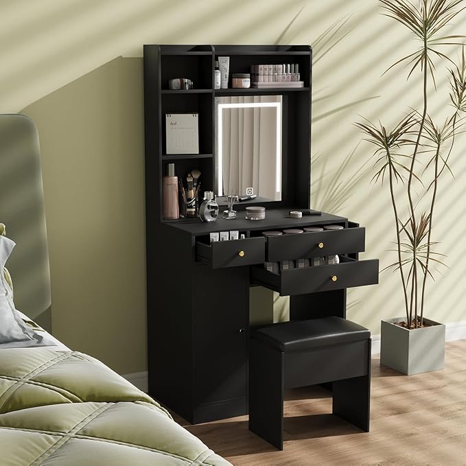 ARTETHYS Vanity Desk with Mirror and Lights Black Makeup Vanities Set with Storage Chair Dressing Table with Drawer and Fold-up Panel for Bedroom