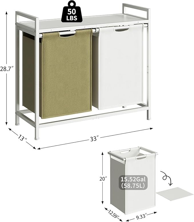 Laundry Hamper with Shelf, Laundry Basket 2 Section, Laundry Sorter with Pull-Out Removable Large 2 Color Bags and Movable, Metal Frame, 2 x 15.87 Gallons (60L), White PF06XLE