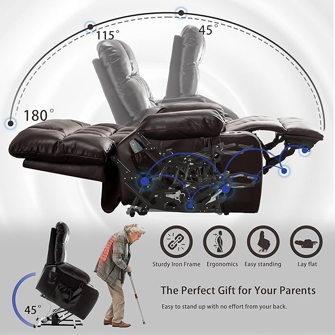 Power Lift Recliner Chair with Massage and Heating for Elderly, Oversized Lay Flat Recliner, Big and Tall 400lbs, Dual Motors, Cup Holders, Heavy Duty, Adults (Red)