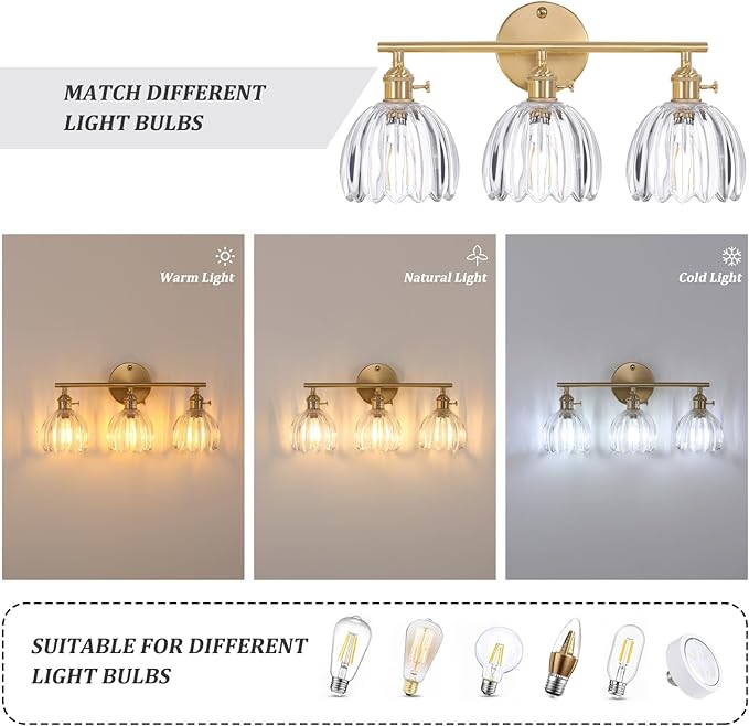 Bathroom Light Fixtures, 3-Light Brass Vanity Wall Light Over Mirror with Clear Tulip Glass Shade for Bedroom Living Room