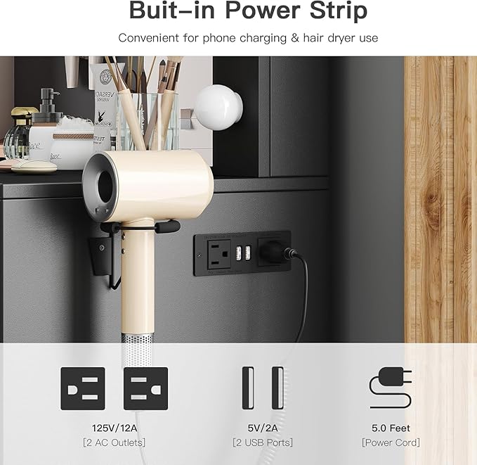 Vanity Desk with Power Outlet, 37''W Make Up Vanity with Lighting Mirror, 3 Lighting Modes Adjustable, 5 Drawers Dressing Table for Bedroom, Dressing Room, Live Broadcast Room, Black