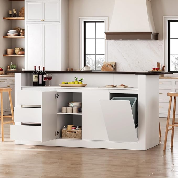 86.6" Large Kitchen Island with Trash Can Storage, Stationary Storage Island with 3 Drawers and 2 Shelves, Wood Island Table with Large Countertop for Kitchen, Dining Room,White