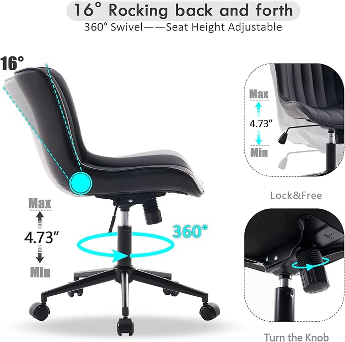 YOUNIKE Black Compact Home Office Desk Chair with Wheels Comfy Armless Cute Vanity Chair with Adjustable Rocking Back Modern Leather Upholstered Rolling Swivel Small Task Drafting Sewing Chair