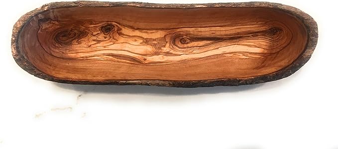 14" Rustic Olive Wood Bread Basket- Live Bark Edge, Oval Baguette Dough Bowl Natural Serving Bowl for Italian Bread, Fruit, Food. In Med 14", Lg 18" (Medium 14 x 3-4 x 1.5-3")