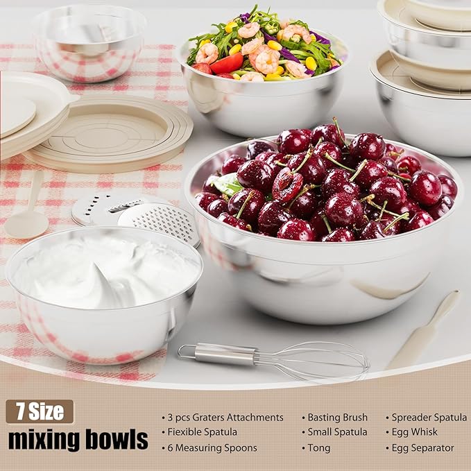 7-Piece Stainless Steel Mixing Bowls Set with Lids & 3 Grater Attachments – Size 4.5, 4, 3.5, 2.1, 1.5, 1.1, 0.7QT, Kitchen Gadgets Set for Cooking, Baking, and Serving, Khaki