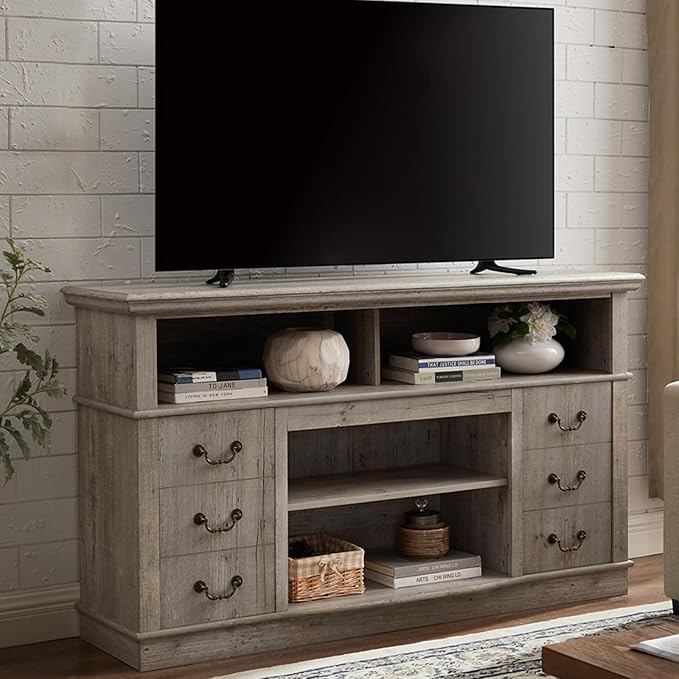 HMFULE 60" Entertainment Center for 60 65 Inch Television, TV Stand with Storage 2 Cabinets & 2 Doors & Adjustable Shelves, Modern TV Console, Rustic Farmhouse Living Room Furniture (Light Gray)