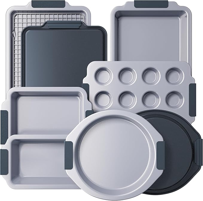 BRONYPRO Nonstick Ceramic Bakeware Set (9 Pieces),Heavy Duty Aluminized Steel Bakeware - Baking Set with Silicone Handles,Includes Sheet Pans,Loaf Pan,Muffin pan,Cake pans,PTFE & PFOA Free - Blue Gray