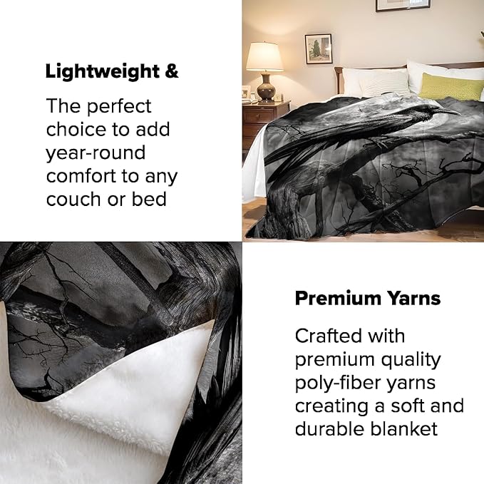 Gothic Blanket Gifts for Adults and Kids Raven and Moon Halloween Throw Blankets for Bed Room Couch Soft Lightweight Warm Cozy Throws Decor 50x60in