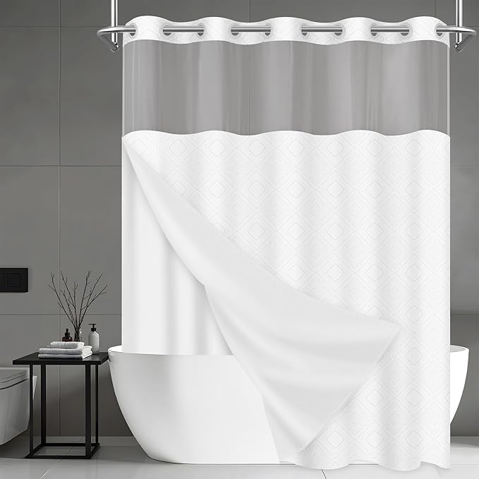 No Hook Shower Curtain Set with Snap in Liner, White Jacquard Tufted Geometric Bath Curtain, Boho Luxury Hotel Bathroom Decor, Waterproof Washable, 71 x 80 Inch