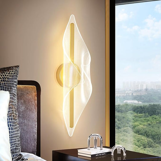 Modern Gold Wall Sconce 17.3Inch, Hardwired LED Wall Lamp with Remote Control Dimmable Acrylic Wall Lights for Living Room Hallway Bedroom Stairs