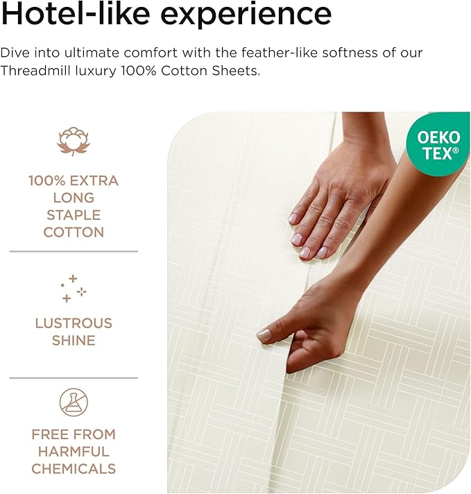 Threadmill Twin Bed-Sheets - 800 Thread Count Jacquard Celine Ivory 100% Natural Cotton 3 Piece Striped Bed Set, Extra Long Staple Cotton, Comfy Damask Sheets with Elasticized Deep Pocket