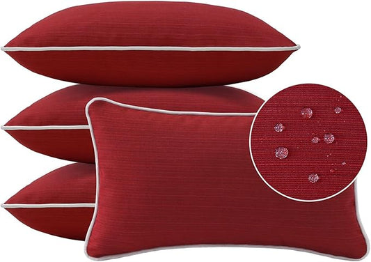 Decorative Outdoor Water Repellent Throw Pillows with Inserts, Set of 4, 20" x12" Pillows for Patio, Backyard, Bed, Couch, and Patio Furniture, Red