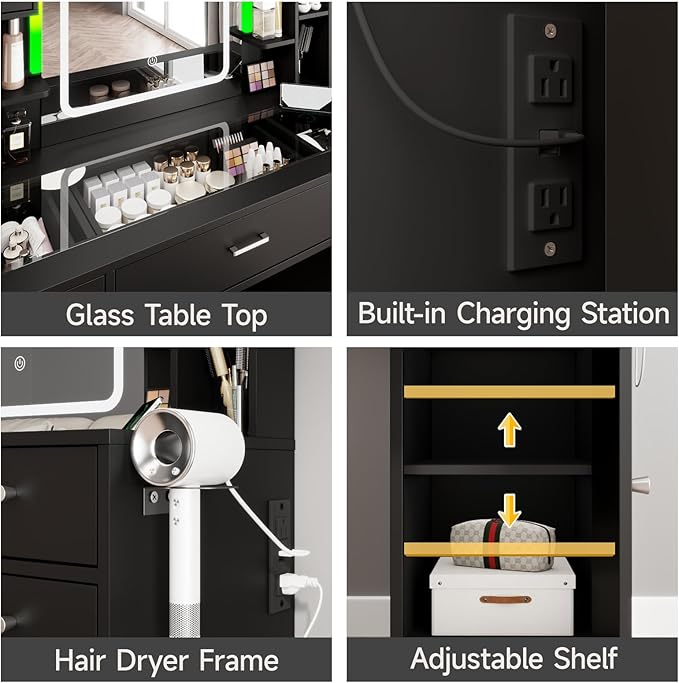 Black Vanity Desk with LED Mirror,Makeup Vanity with Charging Station & RGB Lights,5 Drawers 4 Shelves Makeup Desk Vanity Table Stool Set with Glass Table Top & Time Display Lights