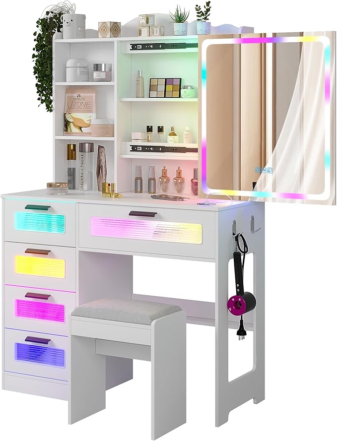 HNEBC Vanity Desk with Sliding Mirror and LED Lights, RGB Vanitys with Charging Station, Makeup Vanitys with Remote Control, White Dresser with Stool/Lager Drawers for Bedroom (White)