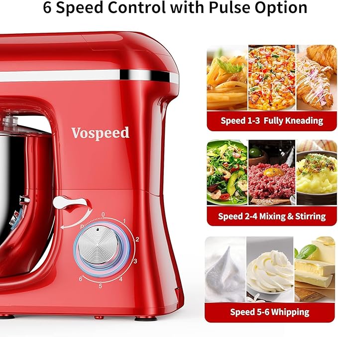 Vospeed 9 IN 1 Stand Mixer, 850W Tilt-Head Multifunctional Electric Mixer with 8 QT Stainless Steel Bowl, 1.5L Glass Jar, Meat Grinder, Hook, Whisk, Beater Dishwasher Safe (Red)