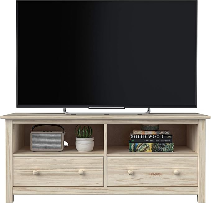 Handcrafted Solid Oak TV Stand Entertainment Center - Elegant Unfinished Media Console with Spacious Storage Drawers & Open Shelves - Sturdy Wood Cabinet Fits TVs up to 55 Inches