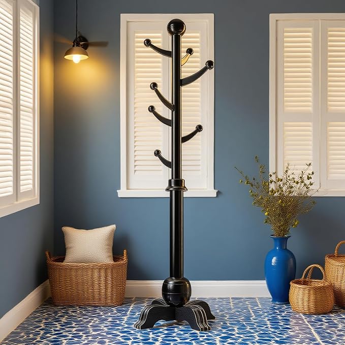 Hall Tree, Freestanding Wood Tree Rack with 7 Hooks, Coat Rack with Stable Sphere Base, Wooden Coat Rack Stand, Load 210 lb, Coat Hanger Stand for Entryway, Hallway, Bedroom (Black)