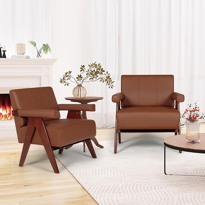AODAILIHB Mid Century Modern Chairs Set of 2 Brown Leather Accent Chair Wood Arms with Soft Bag Living Room Chairs with Thick Cushion Comfy Side Waiting Room Chairs Bedroom/Office (2, Brown)