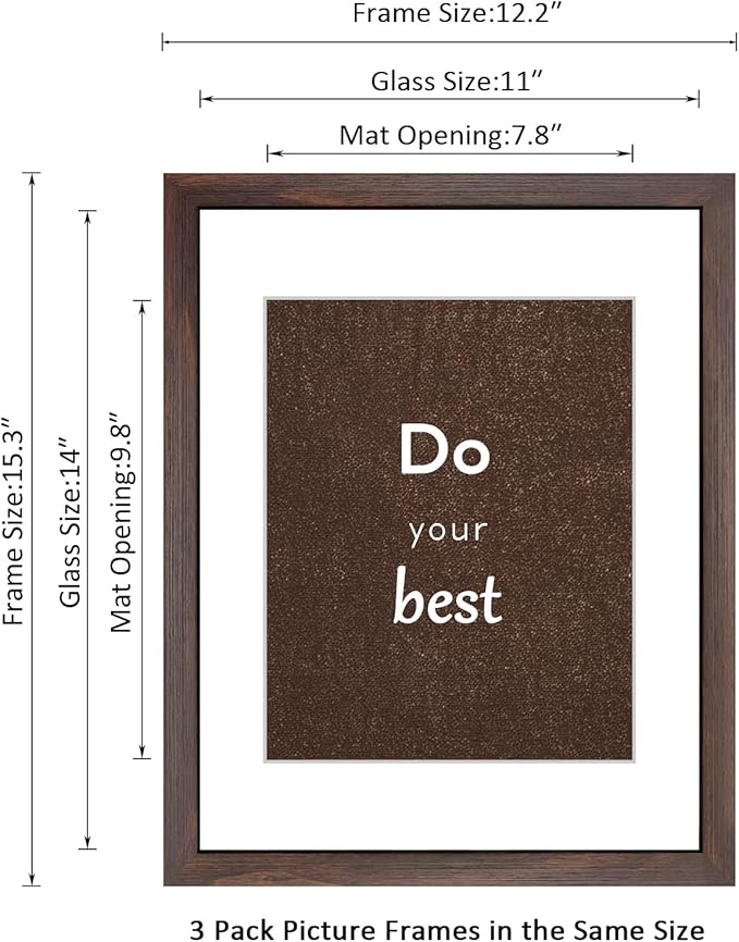 11x14 Picture Frame Set of 3 with Real Glass for Pictures 8x10 with Mat or 11x14 Without Mat, Wall Gallery or Tabletop display Photo Frames in Walnut