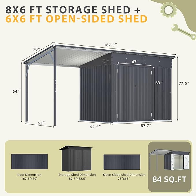 AECOJOY Outdoor Open-Sided Metal Storage Shed, 8' x 6' Sheds & Outdoor Storage with 48 Sq. Ft Covered, 6x8 Small 2-in-1 Tool Shed with Attached Hardtop Metal Pergola Gazebo for Patio