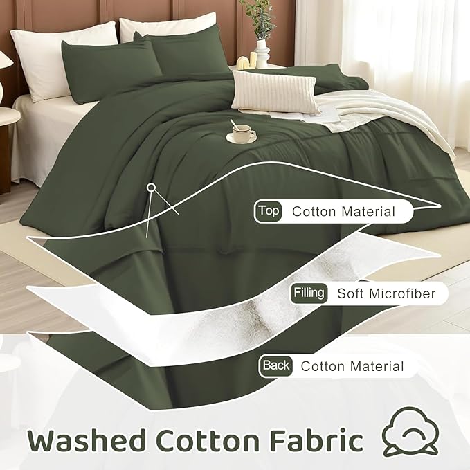 Sanracie Cotton Comforter Set Queen Size(90"x 95"),Olive Green Color Pinch Pleated Bed Comforter for All Season,3Pcs Soft Breathable Bedding Comforter Sets