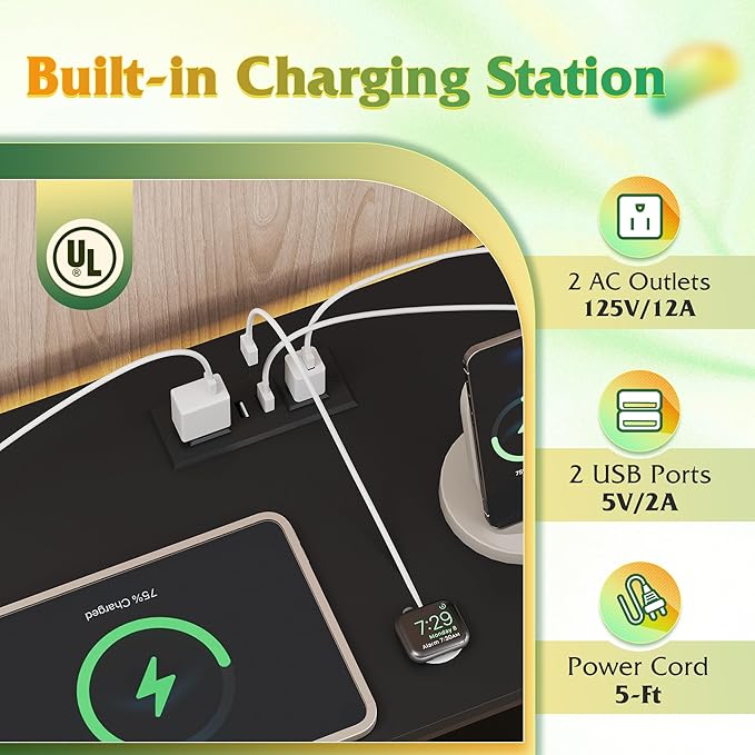 WLIVE Black TV Stand for 55, 60, 65 inch TV, Entertainment Center with LED Lights & Charging Station, TV Media Console Table with 15 Fabric Drawers and Open Shelves for Living Room, Hallway, Wood Topm