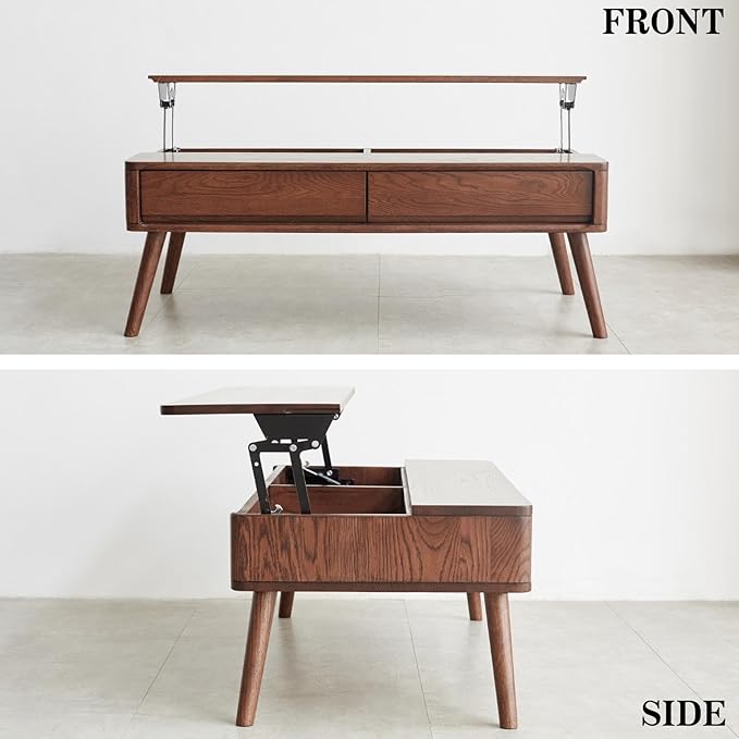 Oak Wood Lift Top Coffee Table with Storage, Mid-Century Modern Rectangle Coffee Tables for Living Room,Wooden Walnut Coffee Table for Dining,Working,Playing Games Desk